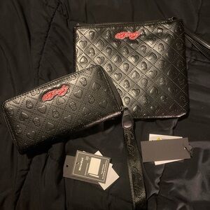 Ed Hardy black and red skull and heart wallet / cardholder and bag purse set